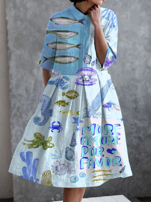 Retro Ocean World Print Casual Pocket Half Sleeve Dress
