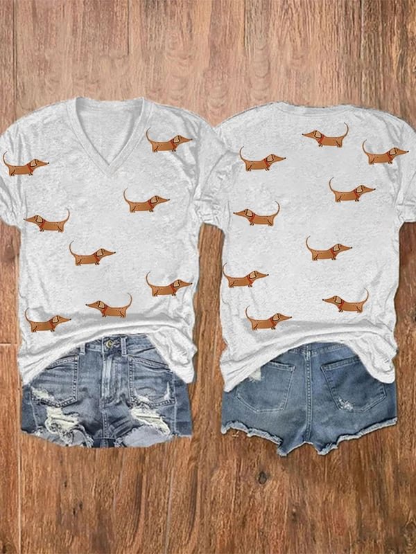 Women'S Dachshund Print V-Neck Short Sleeve T-Shirt