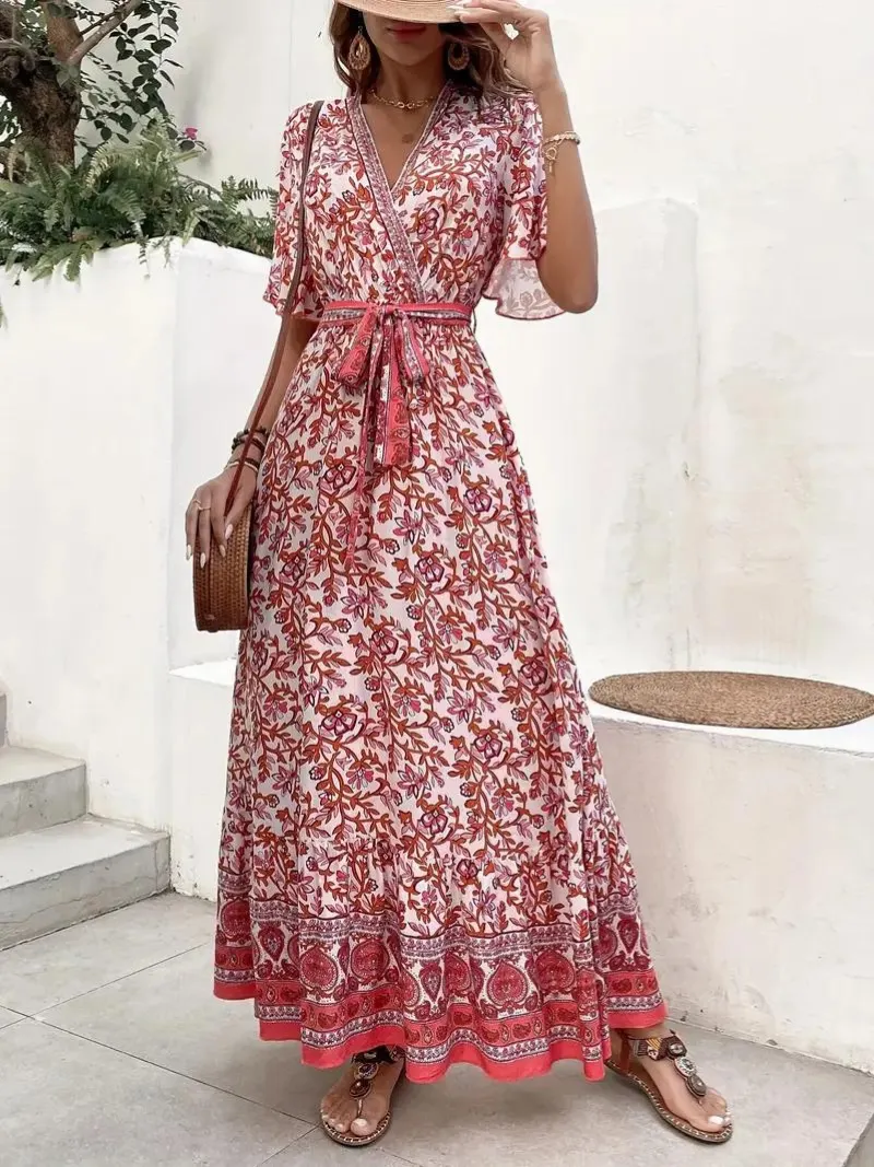 Maxikleid Damen Blumenmuster V-Ausschnitt Bindegürtel Kurzarm Fließend Sommerkleid Bequem Luftig Bohemian Stil-82359-cbf45d40-b9b3-4268-9aa5-1d443d8c88f8