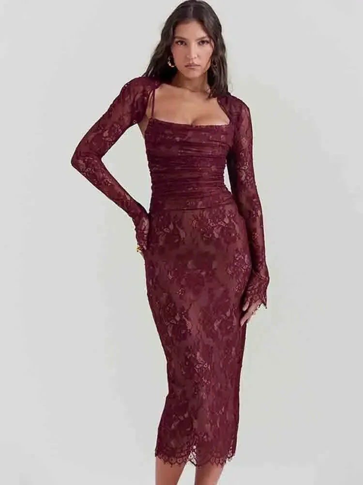 Toloer Red Lace Sheer Removable Sleeve And Lace Up Midi Dress-Outfit Ideas