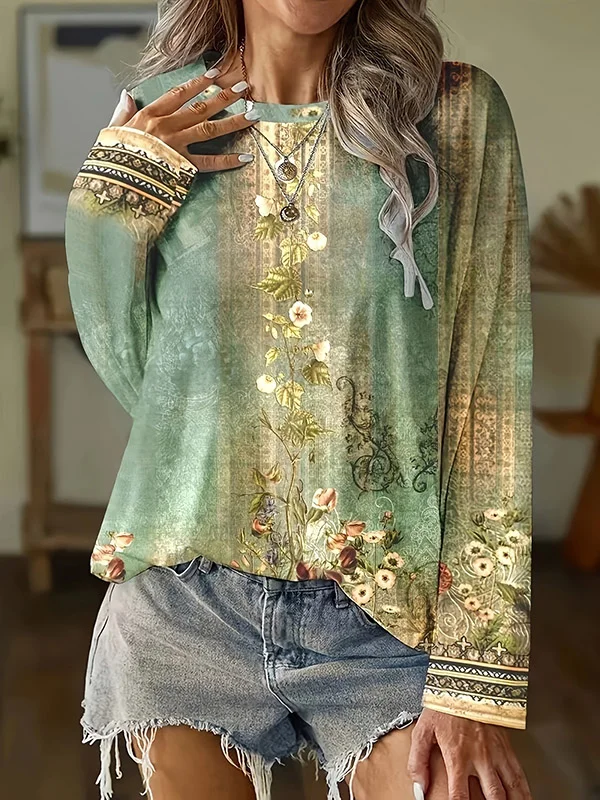 Long Sleeves Loose Flower Print Round-Neck T-Shirts Tops
