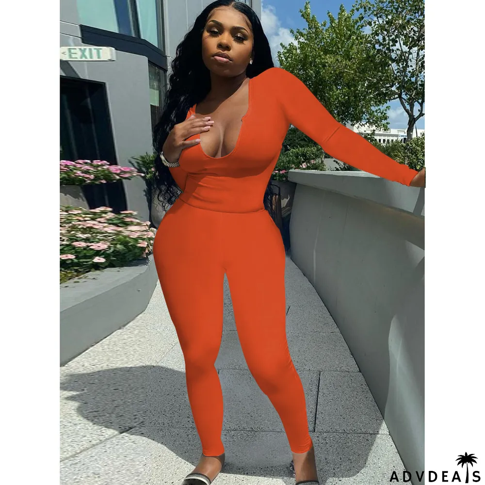 Solid Long Sleeve Stretchy Slim Two Piece Pants Set