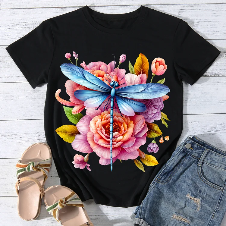 Dragonfly with Verdant flower Women Round Neck T-shirt - BSTCA0091