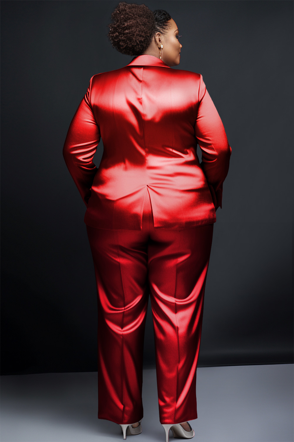 Design Plus Size Semi Formal Pant Sets Elegant Red Turndown Collar Long Sleeve Satin Blazer Suit Two Piece Pant Sets With Pocket [Pre-Order]