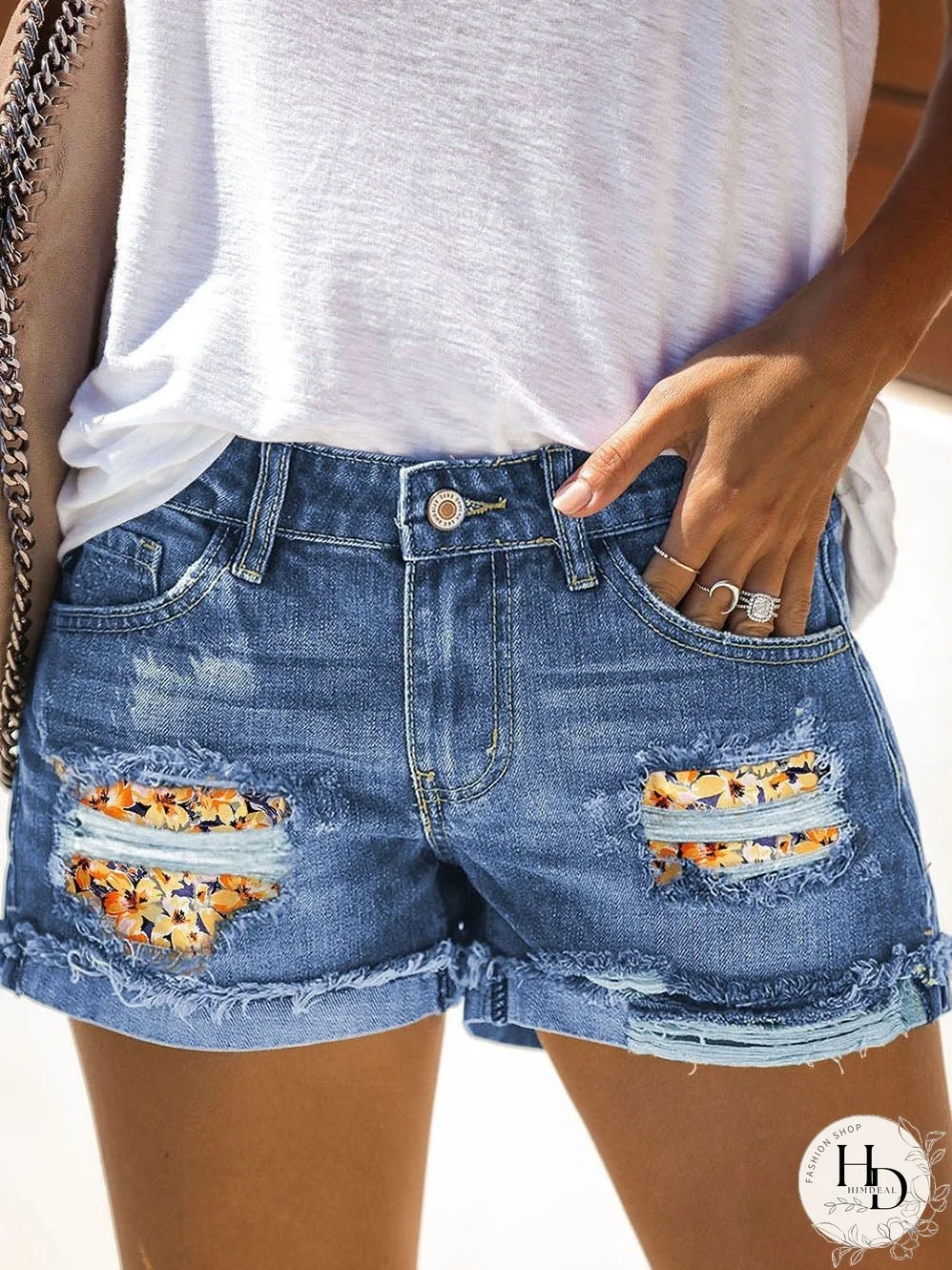 Stylish Distressed Denim Shorts with Floral Applique