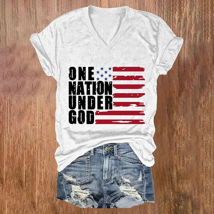 Women's One Nation Under God Print Casual V Neck T-Shirt