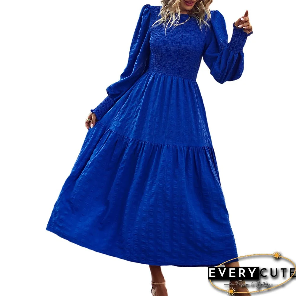 Royal Blue Puff Sleeve Pleated Swing Long Dress