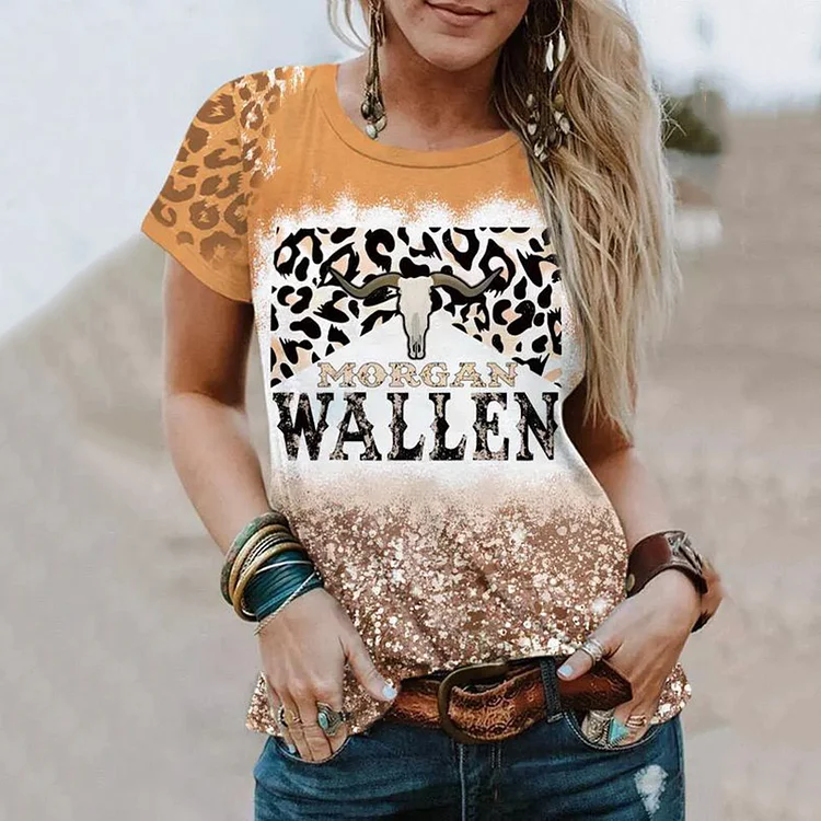 Comstylish Wallen Women's T-Shirt Bull Head Leopard Print Round Neck Short Sleeves