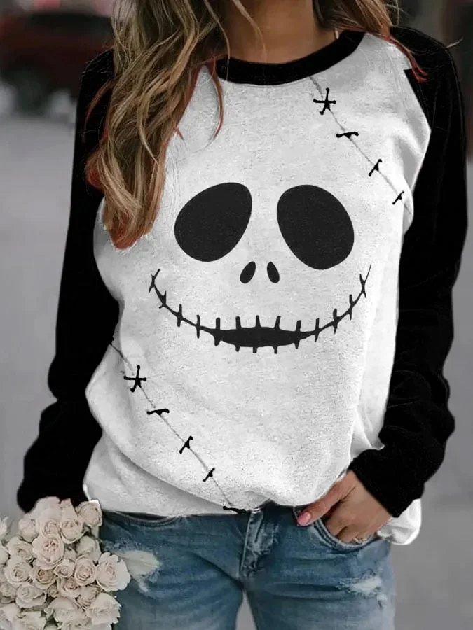 Plus Size Halloween skull print sweater VangoghDress