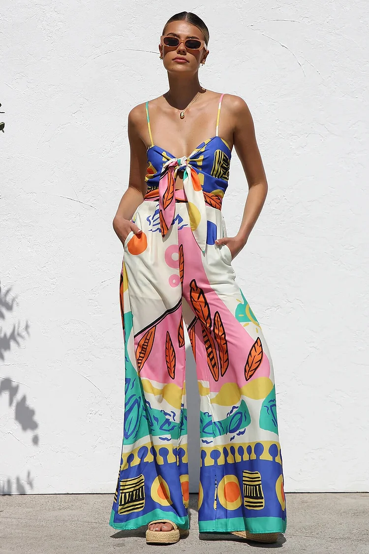 Mixed Print V Neck Tie Up Wide Leg Vacation Cami Jumpsuit-Blue