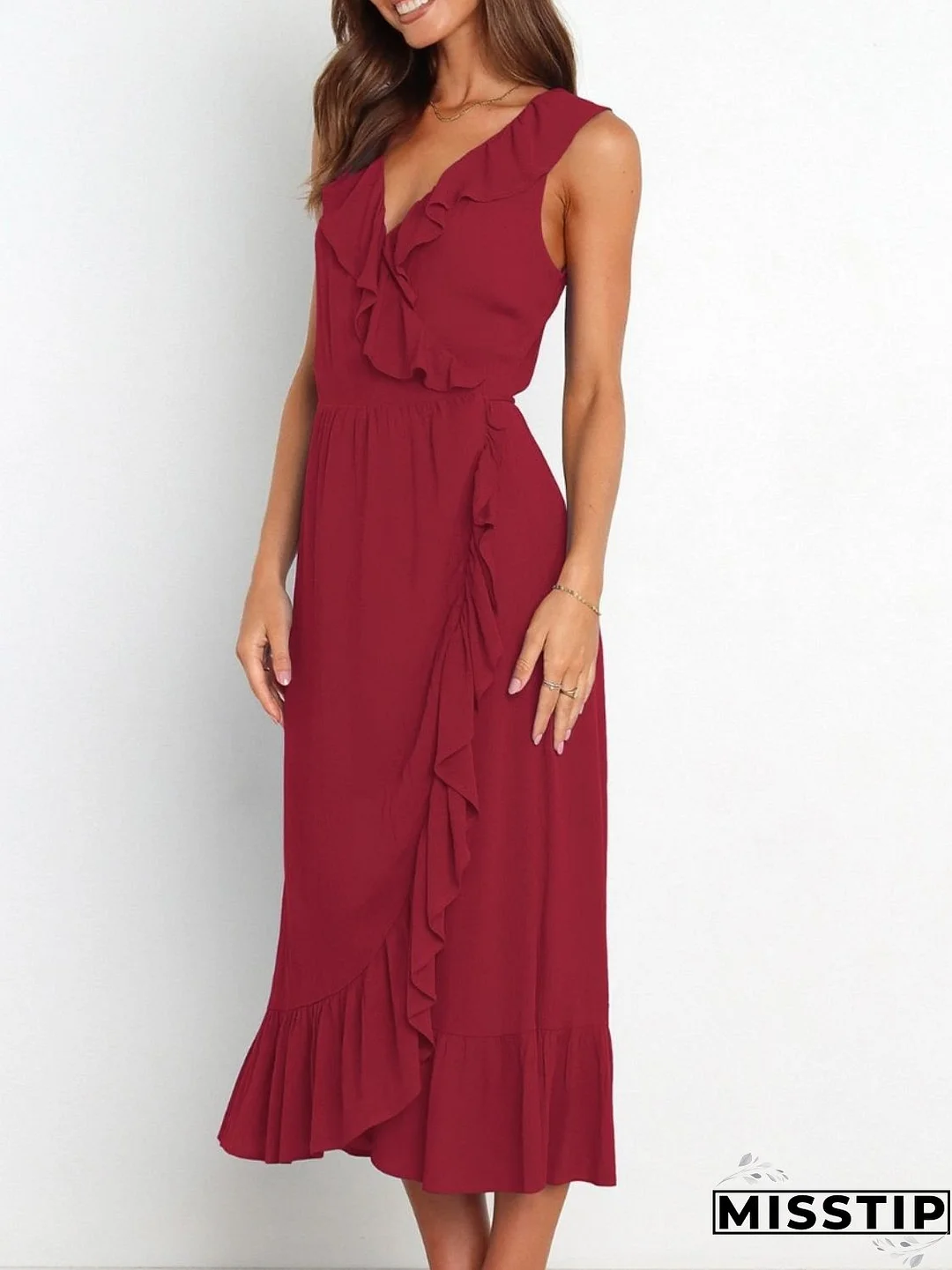 Ruffled Surplice Sleeveless Midi Dress