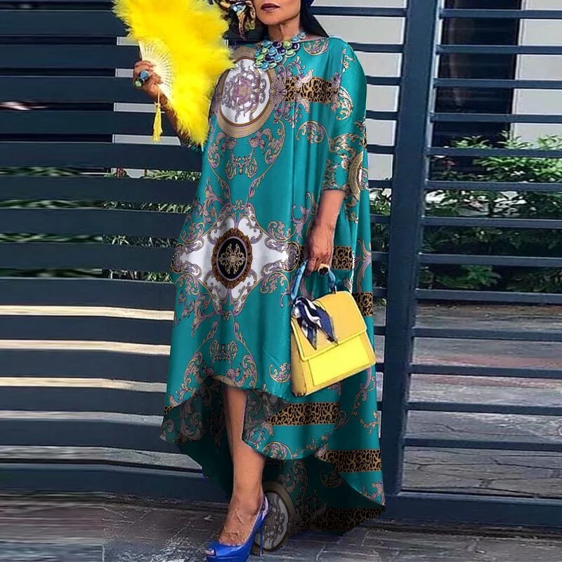 Vintage Floral Printed O Neck Dress 2022 Summer Spring Asymmetric Hem Pleated Vestidos VONDA Casual 3/4 Sleeve Beach Sundress