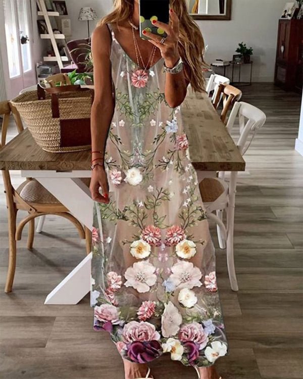 Casual V-neck Printed Suspender Maxi Dress
