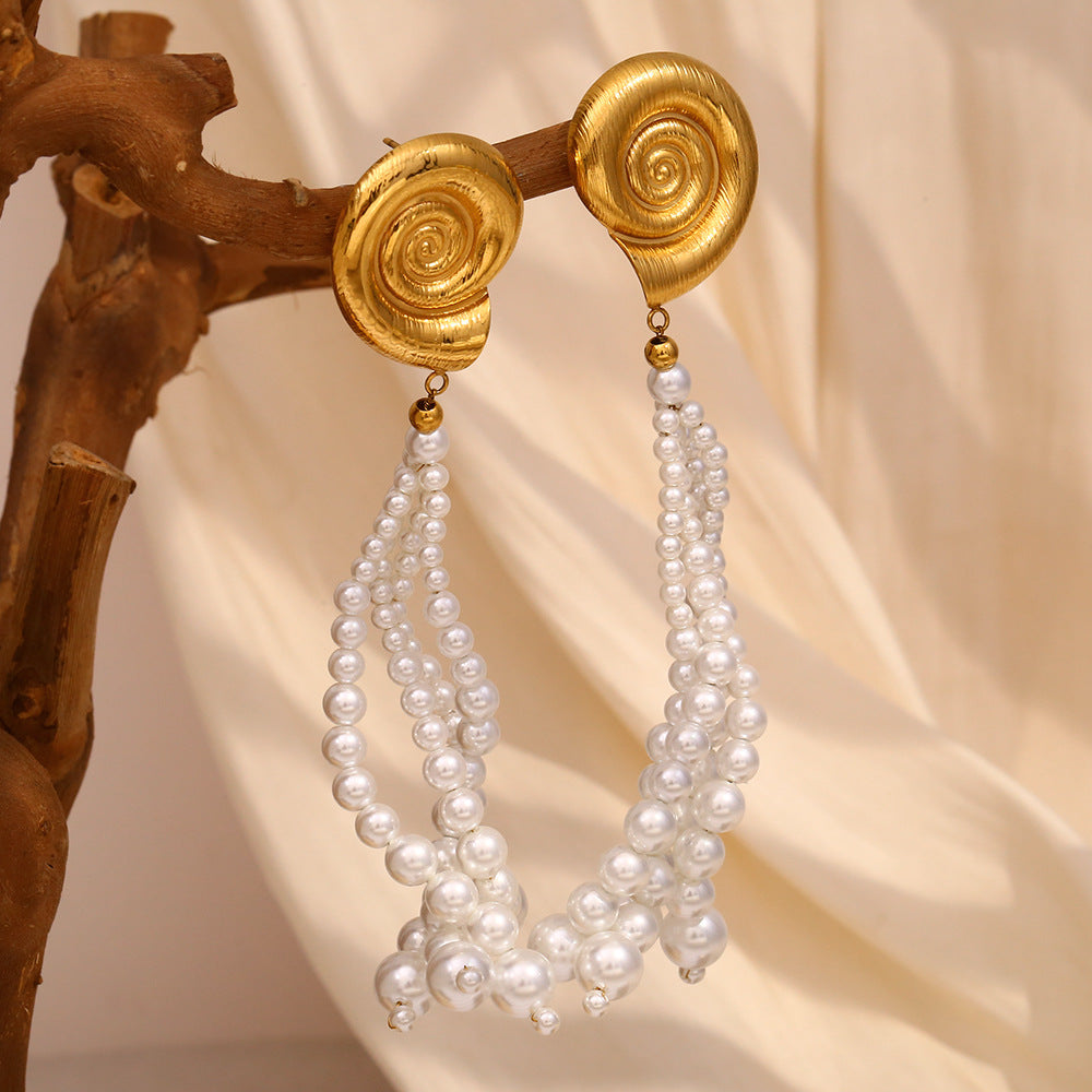 Fashion Ocean Beach Style Earrings Stainless Steel 18K Gold Plated Pearl Tassel Conch Earrings For Women