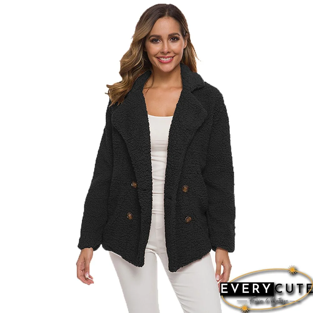 Black Turndown Collar Button Furry Coat