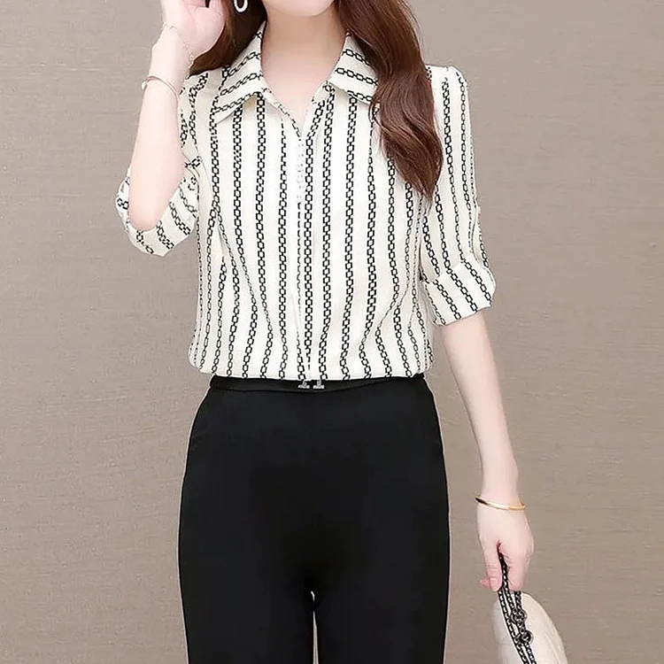 Dubeyi New Office Lady Fashion Printed Button Pullovers Blouses Elegant Commuter Turn-down Collar Chiffon Shirt Women's Clothes