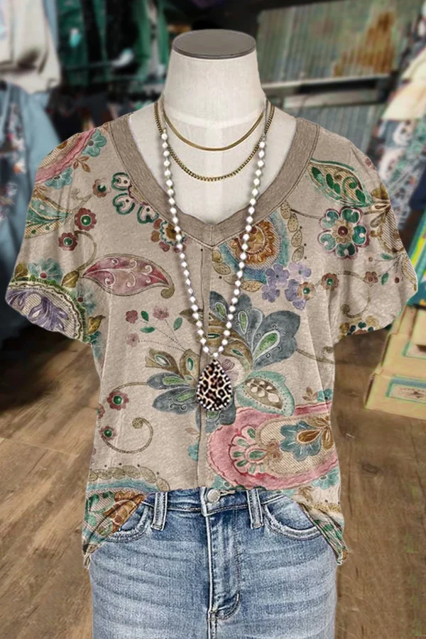 Paisley Floral Print V-Neck Bubble Sleeve Top