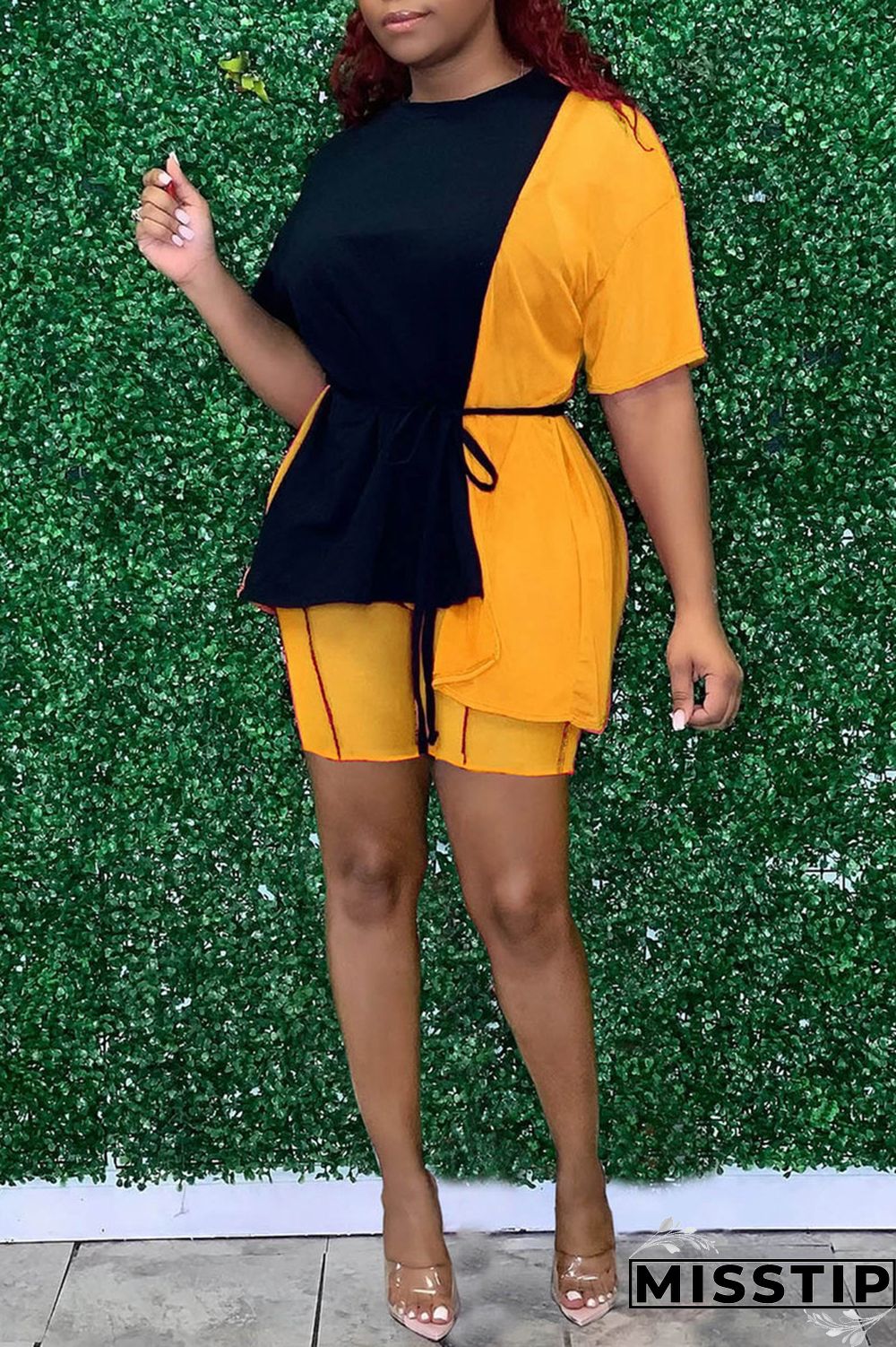 Fluorescent Green Fashion Casual Solid Patchwork O Neck Long Sleeve Two Pieces