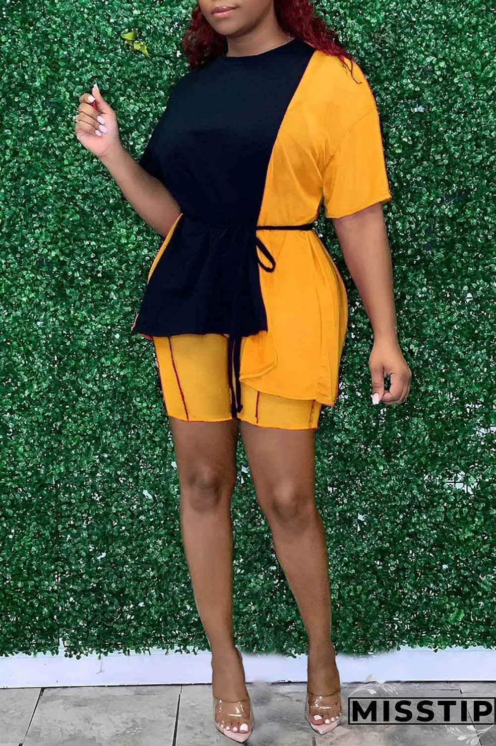 Fluorescent Green Fashion Casual Solid Patchwork O Neck Long Sleeve Two Pieces