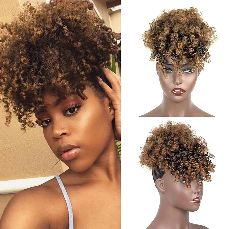 Gray Afro Puff Drawstring Ponytail with Bangs Wigs