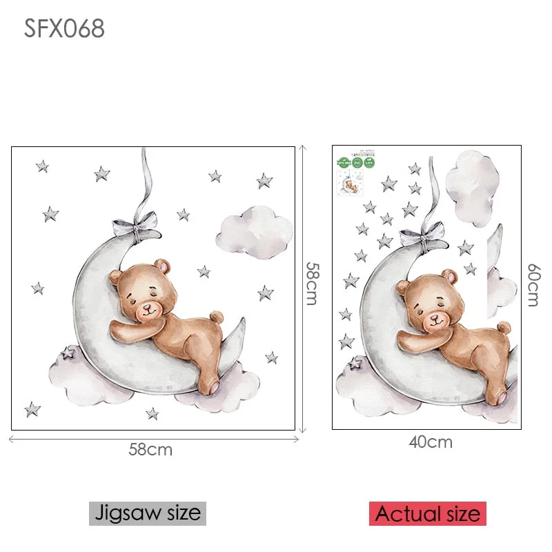 Brown Bear Sleeping on the Moon Wall Stickers for Kids Room Baby Nursery Home Decorative Cartoon Animal Wall Vinyl Decals