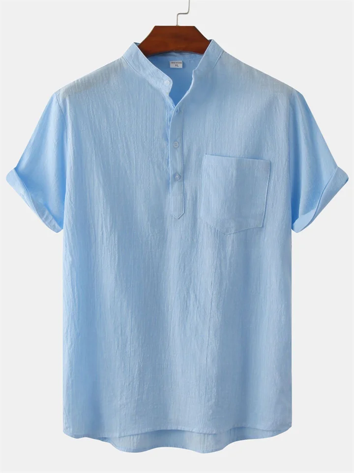 Summer New Cotton Shirt Men's Solid Color Collar Pocket Decoration Cotton Short-sleeved Comfortable Casual Shirt