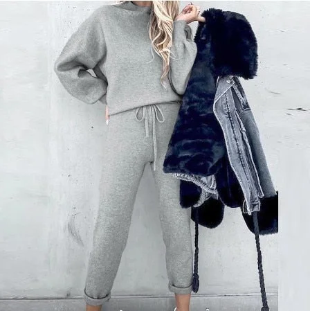 Casual Solid Sweatshirt Suit Women Autumn Turtleneck Pullover and Pencil Pants Winter Plus Size Female Tracksuit 2 Piece Sets