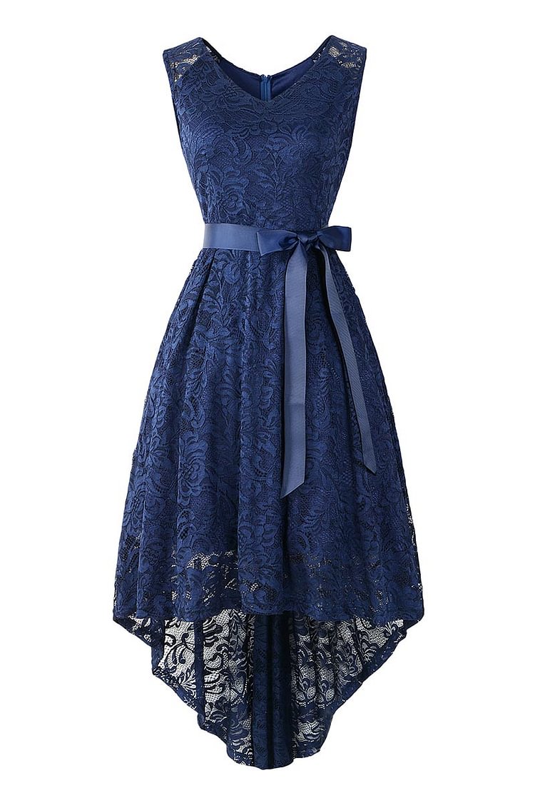 Dark Navy Knot Front High Low Lace Prom Dress - BlackFridayBuys