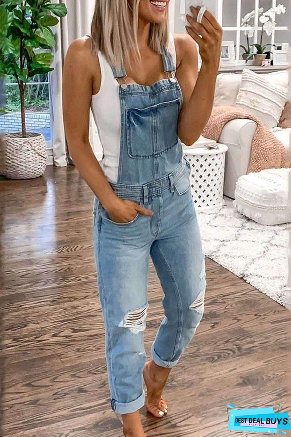 Distressed Denim Plus Size Jumpsuit