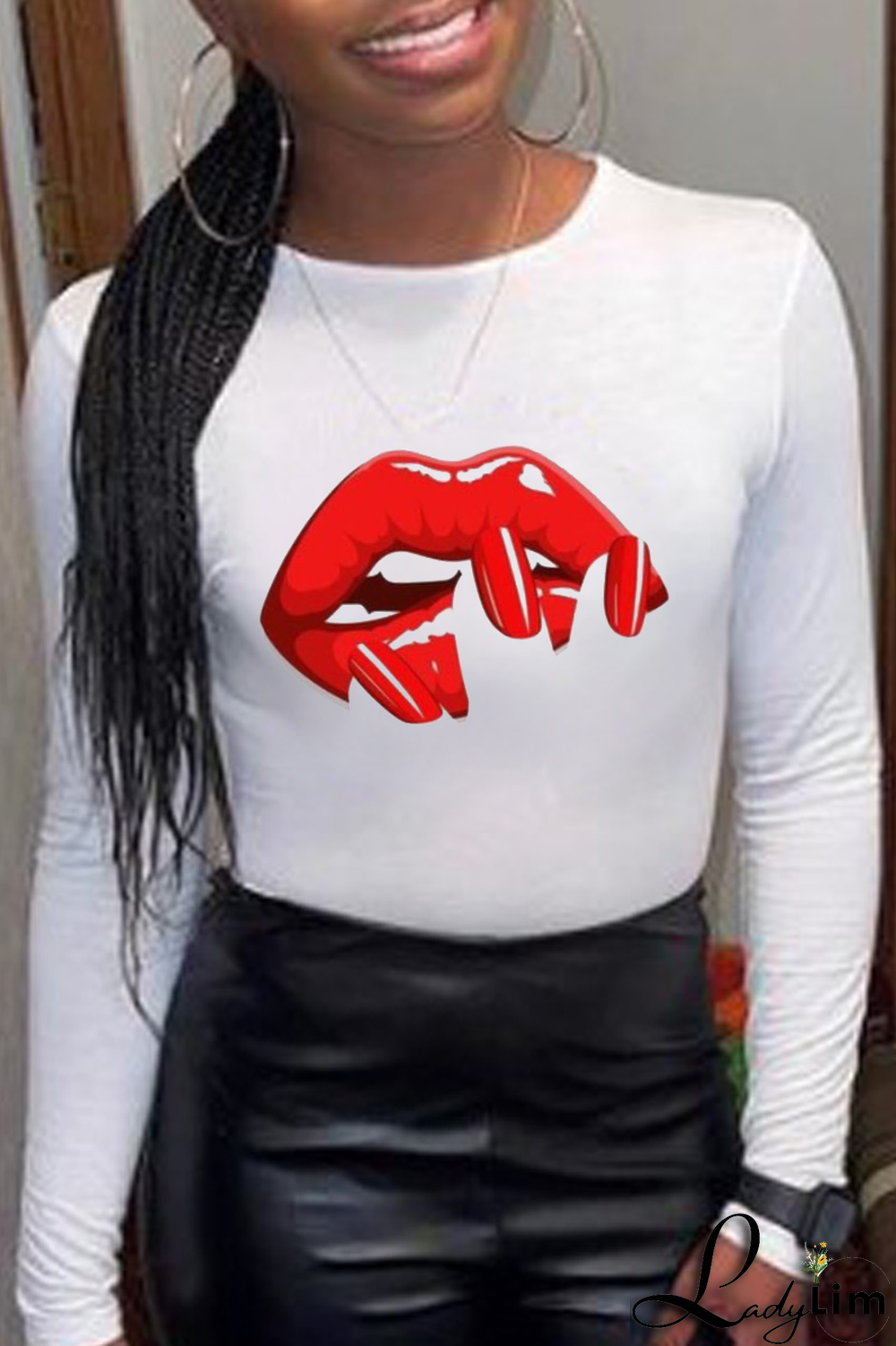 White Casual Daily Lips Printed Patchwork O Neck Tops