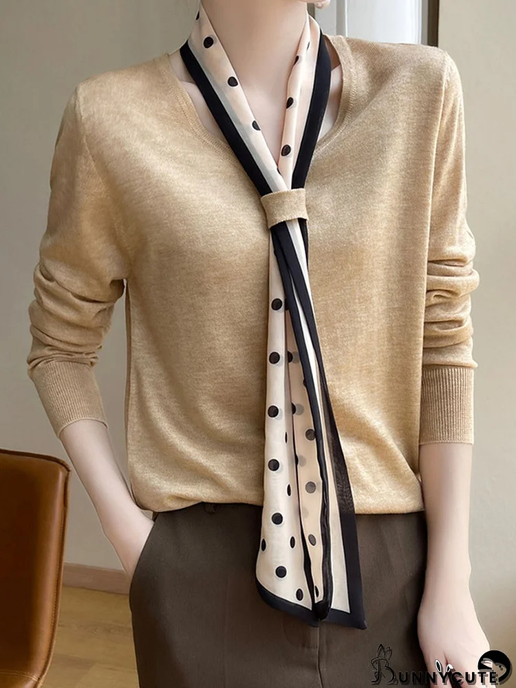 Long Sleeves Loose Polka-Dot Ribbon V-Neck Pullovers Sweater Tops