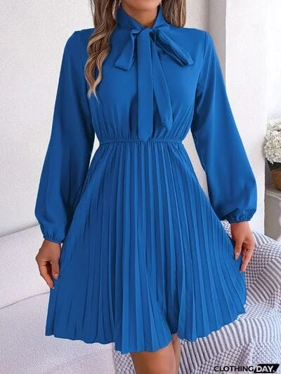 Tie Neck Balloon Sleeve Pleated Dress
