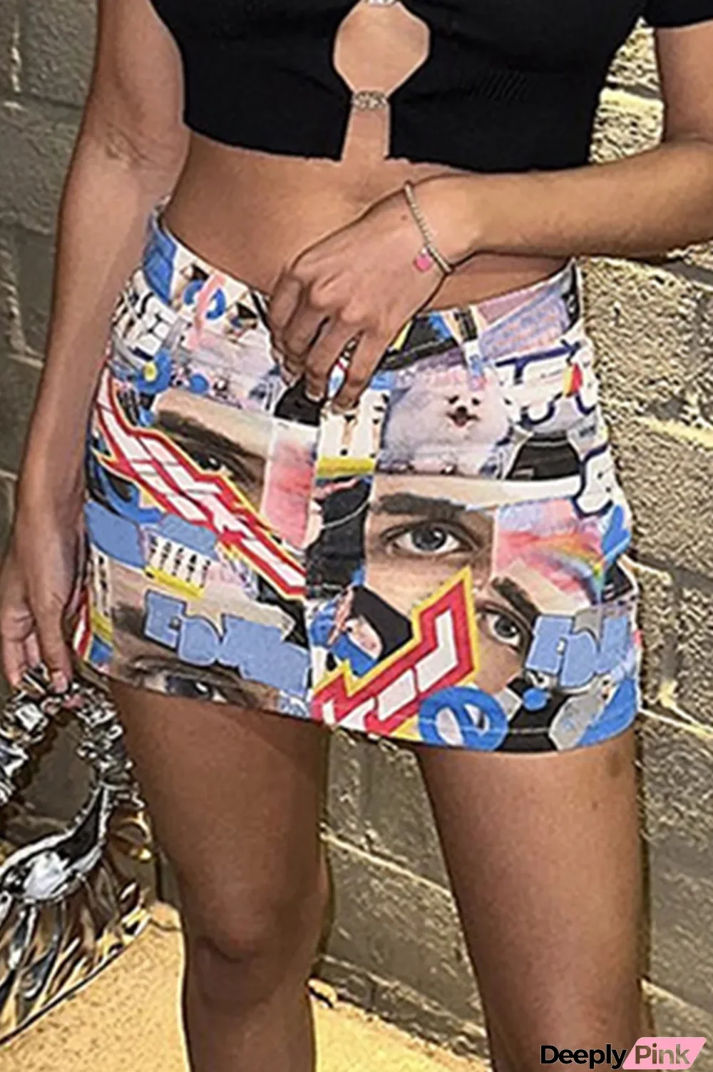 Blue Street Print Patchwork Skinny High Waist Pencil Full Print Bottoms