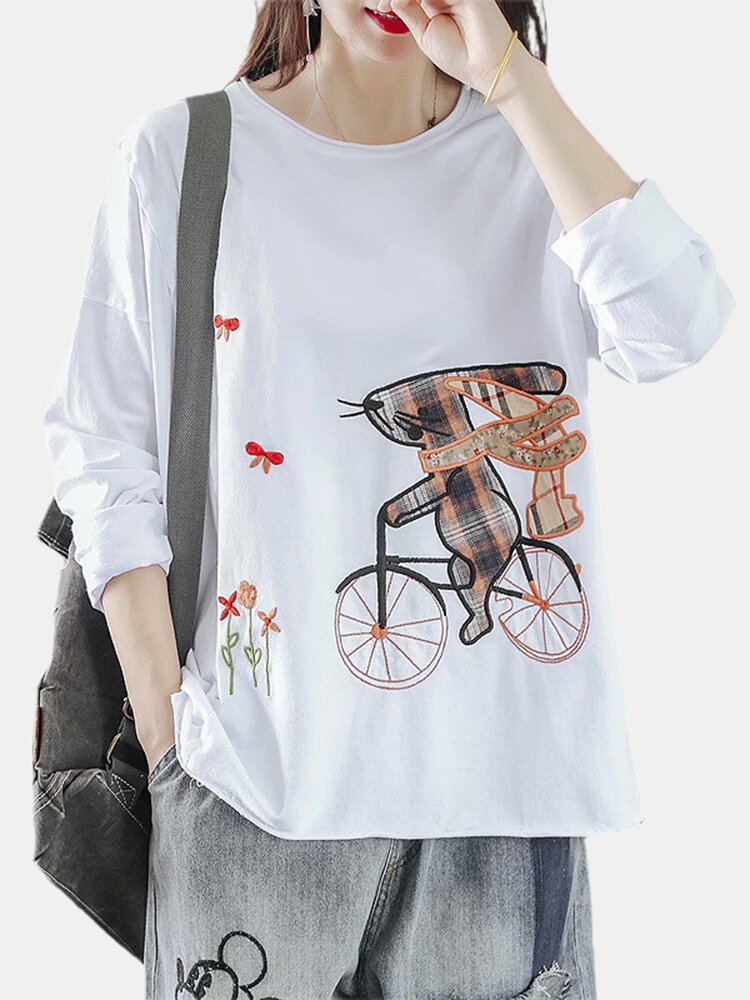 Cartoon Embroidery Long Sleeve O neck T shirt For Women P1754047