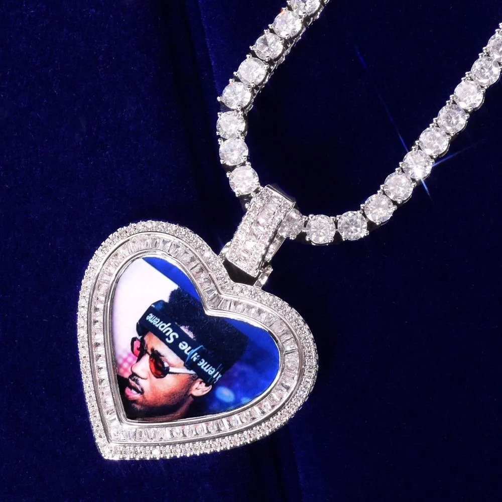 Heart Love Memory Custom Photo Baguette Necklace & Pendant Solid Back-VESSFUL