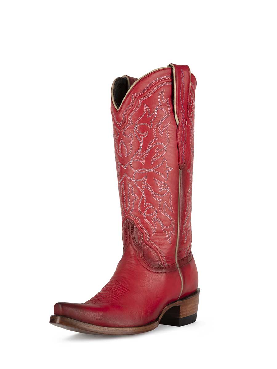 Red Vegan Leather Snip Toe Embroidered Mid Calf Pull-On Cowgirl Boots