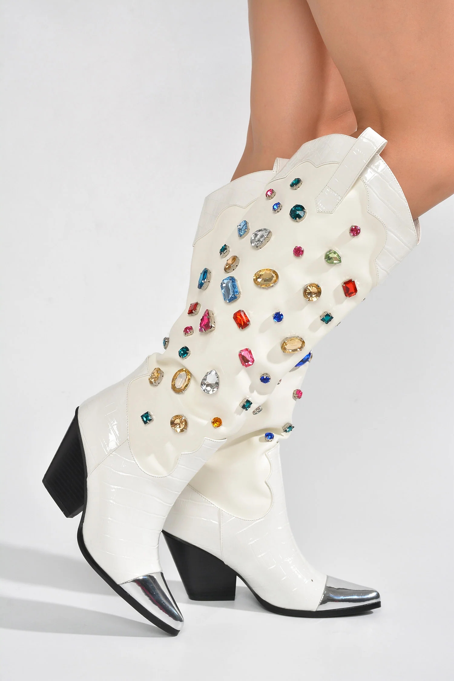 Boot Studded Pointy Toe Block West Chunky Cowboy Knee High Boots Crystal