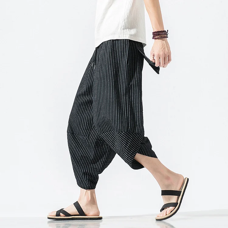 Men's Vintage Japanese Irregular Stripes Loose Cotton Linen Casual Pants