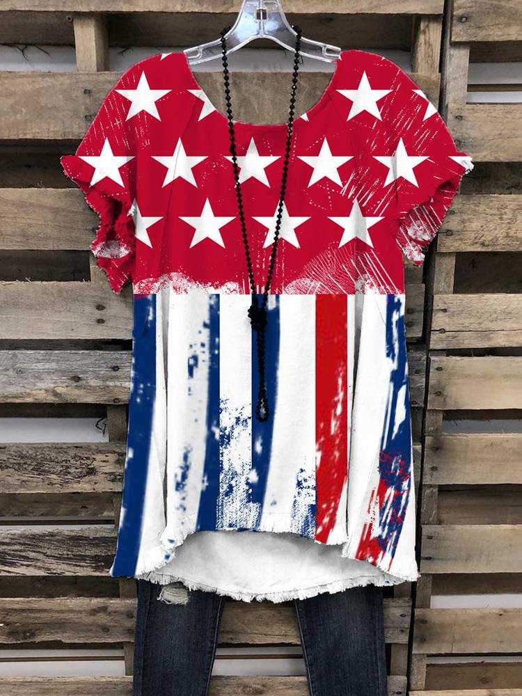 Women's New Gradient Color Striped Flag Printing Short-sleeved Round Neck T-shirt