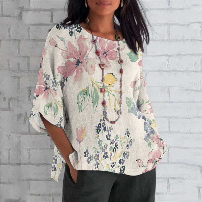 Comstylish Elegant Japanese Art Floral Print Crew Neck Casual T-Shirt