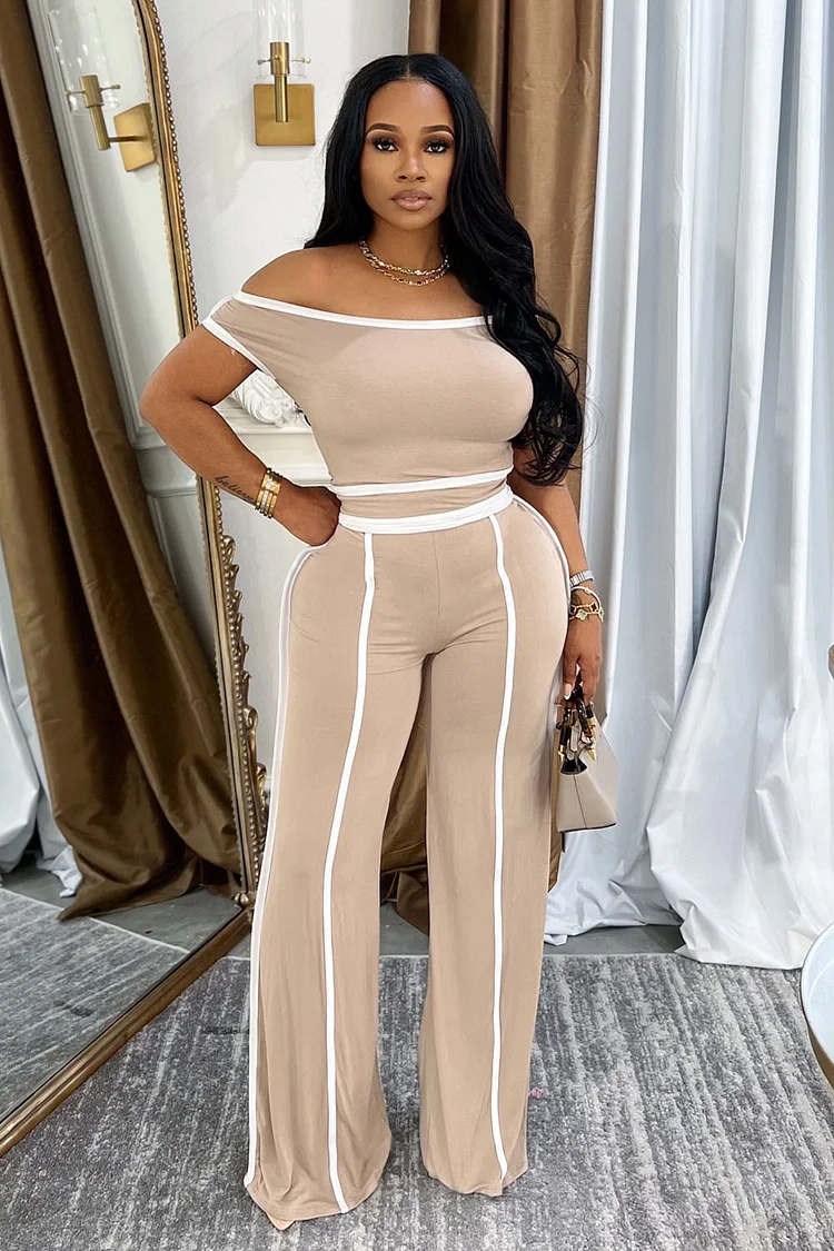 Contrast Color Off Shoulder Top Pants 2pcs Set-Khaki