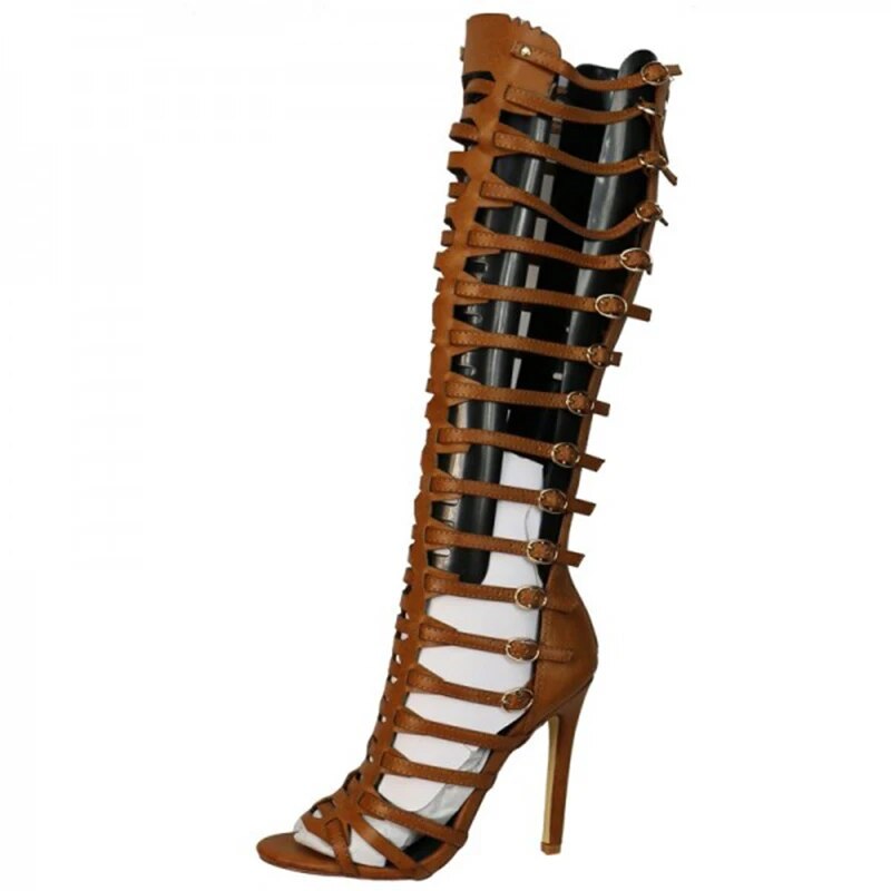TAAFO Tan High Thin Stiletto Heels Knee-High Gladiator Women's Sandals Roman Buckle Strap Ladies Dress Outside Large 