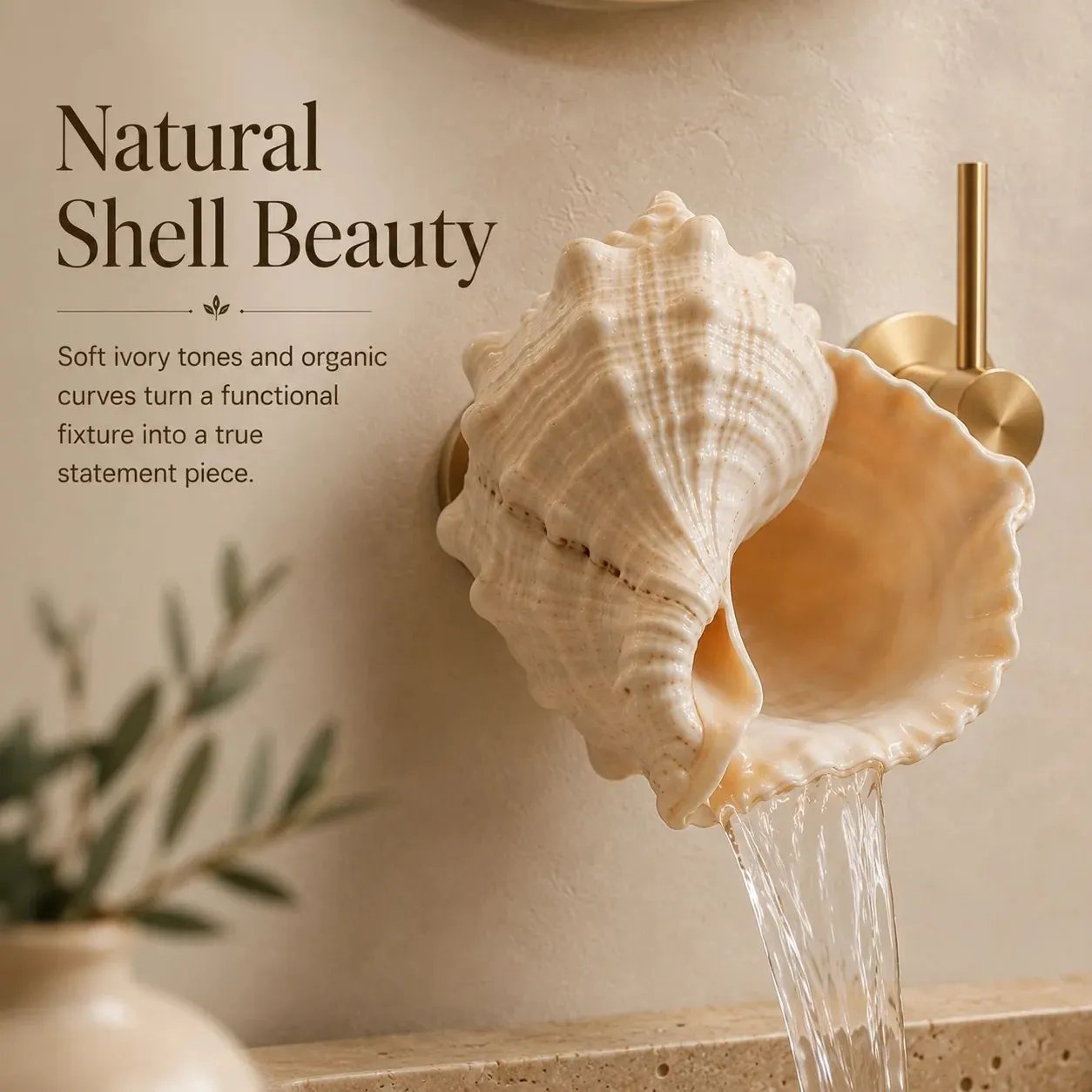 Close detail of sculptural shell faucet