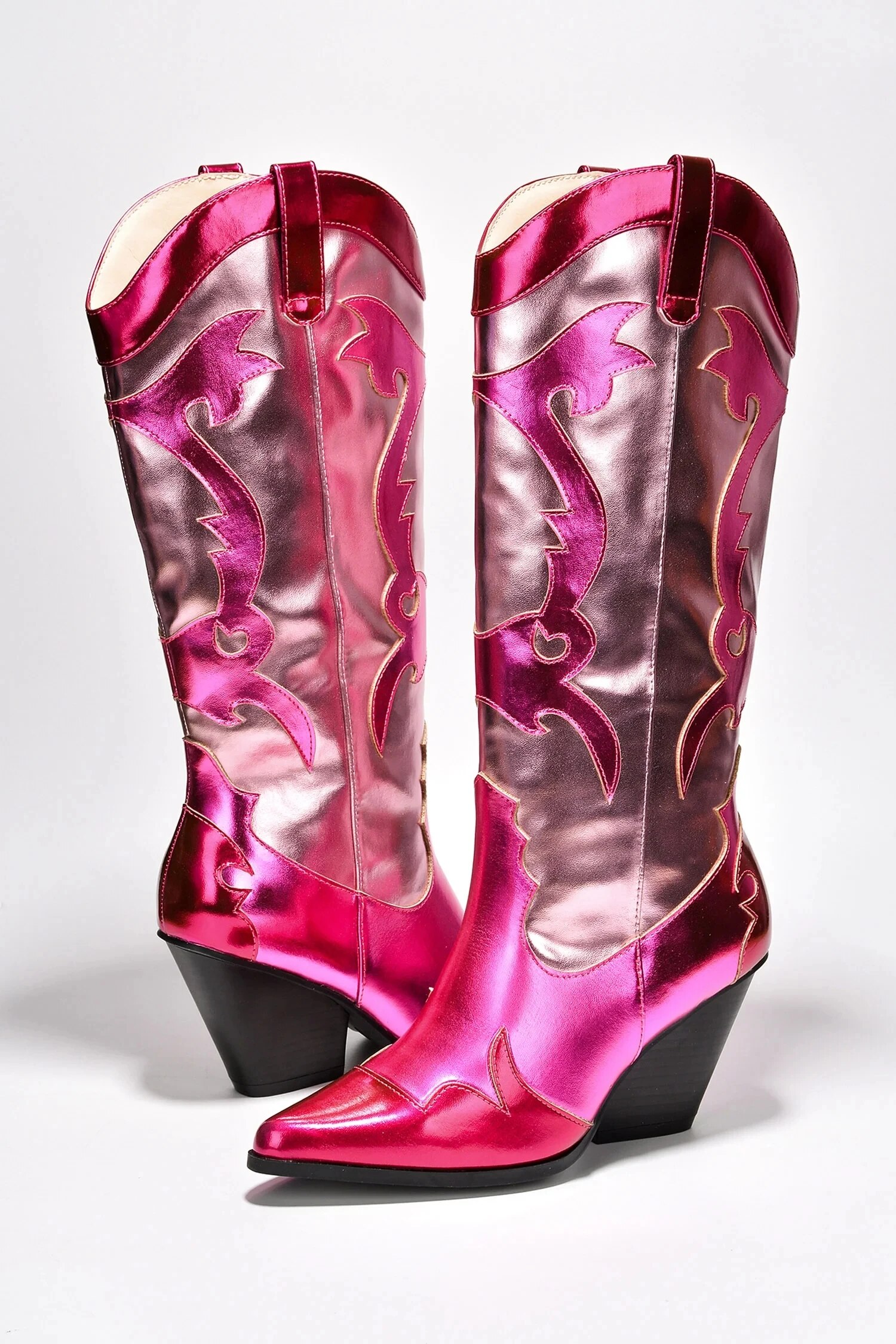 VCSHOES Cowboy Boots Patchwork Western Women Leather Knee High Shoes Pink Cowgirl Pointed Toe Boots Cosplay Shoes 44