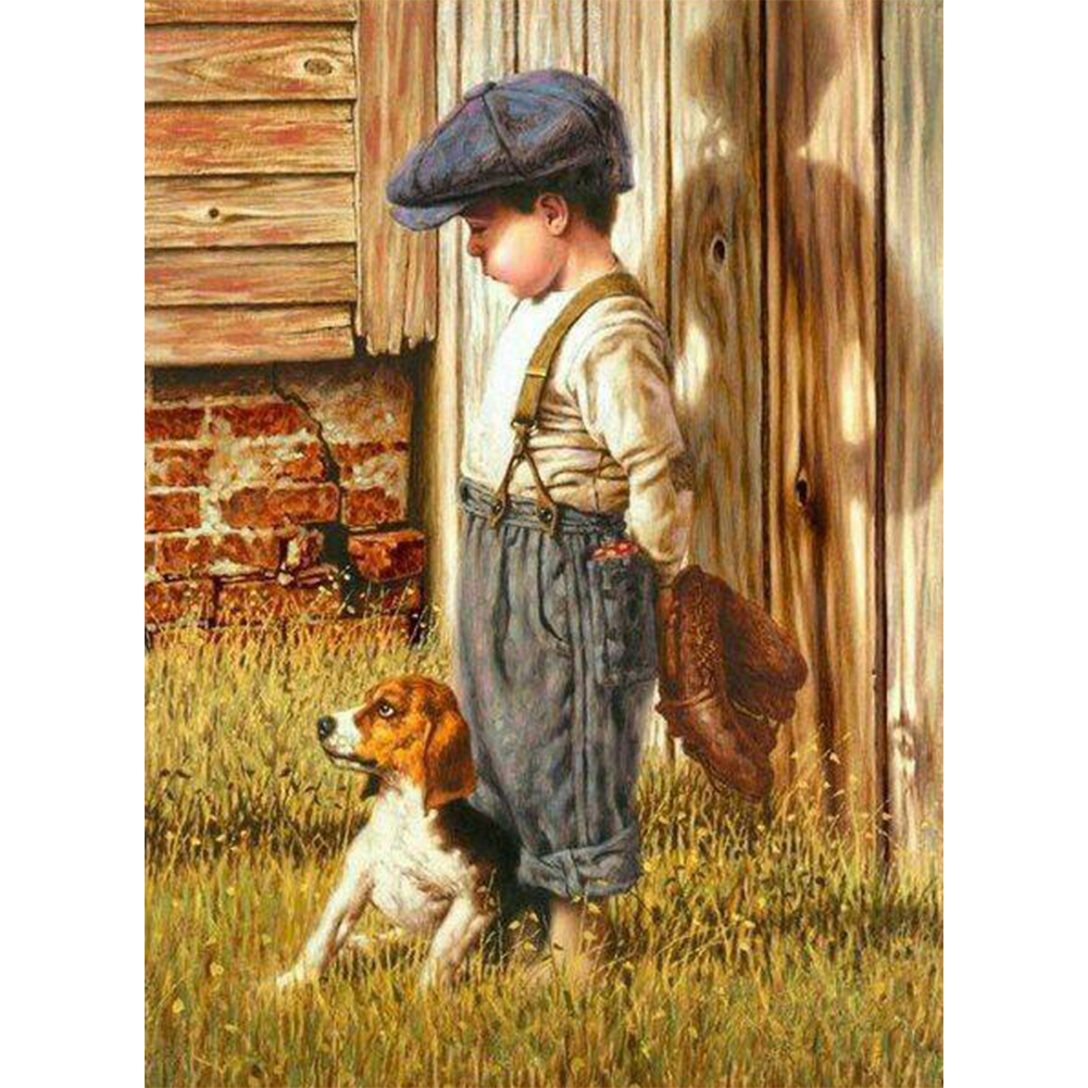 

30*40CM-Little Boy and Dog Rhinestone-Round Drill Diamond Painting, 501 Original