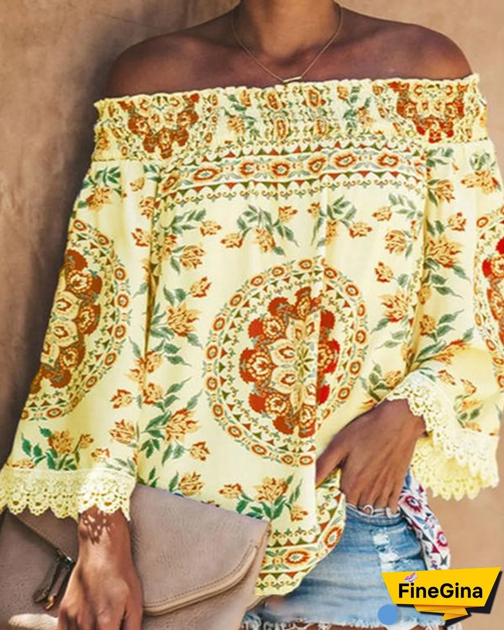 Boho Printed Casual Off Shoulder Shirts & Tops
