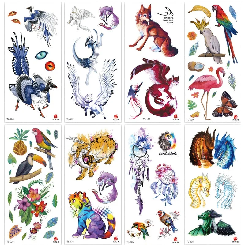 Animal and plant totem flower butterfly bird fox body arm waterproof men and women healthy natural temporary tattoo stickers