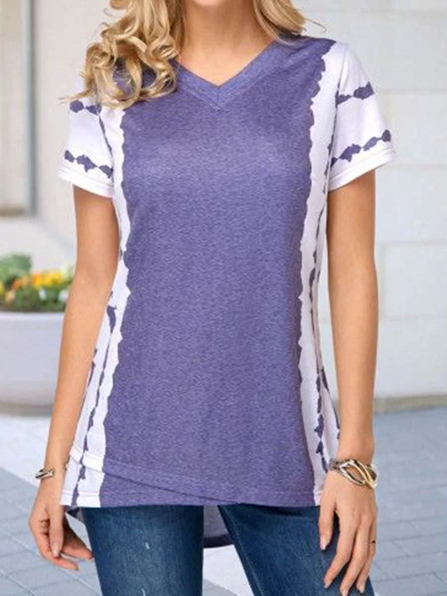 Ombre/Tie-Dye Short Sleeve Printed Cotton-blend V neck Casual Summer Purple Top