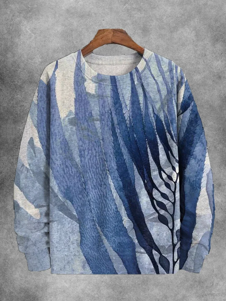 Men's Indigo Leaf Art Print Casual Sweatshirt