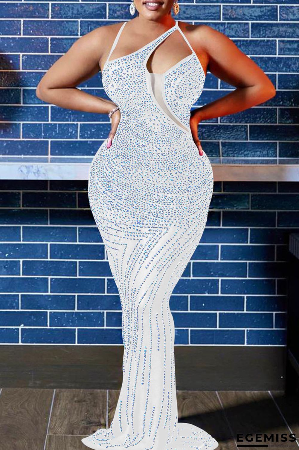 White Sexy Solid Hollowed Out Patchwork Hot Drill Asymmetrical Collar One Step Skirt Dresses | EGEMISS